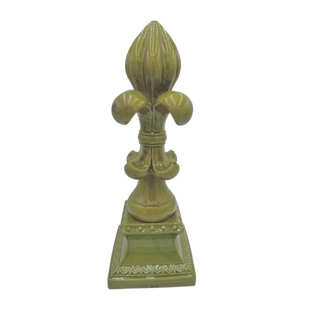 Large Fleur-De-Lis Crackle Glaze Chartreuse Sculpture This striking large fleur-de-lis sculpture features a rich...
