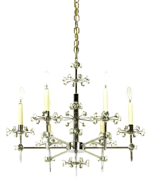 1960s Six-Arm Crystal Snowflake Chrome Chandelier After Gaetano Sciolari.