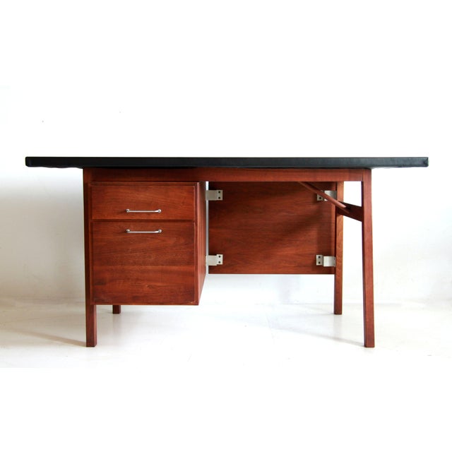 Mid Century Modern Jens Risom Executive Desk In Walnut With Leather Top Chairish