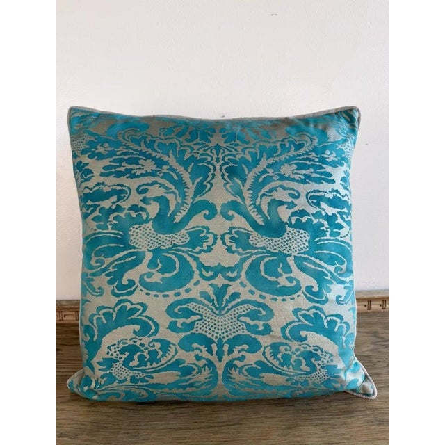 A striking pair of decorative pillows featuring a richly detailed Fortuny-inspired pattern rendered in luminous shades of...