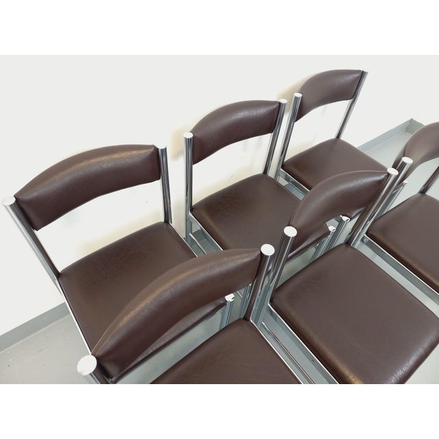 Vintage Chairs in Chromed Metal and Brown Imitation Leather, 1970s, Set of 6 For Sale - Image 9 of 18