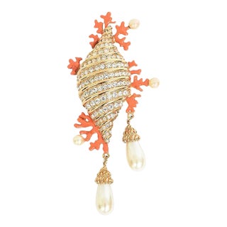 Hutton Wilkinson Coral Enamel Faux Pearl, Rhinestone Gold Filled Brooch /Pin 1980's For Sale