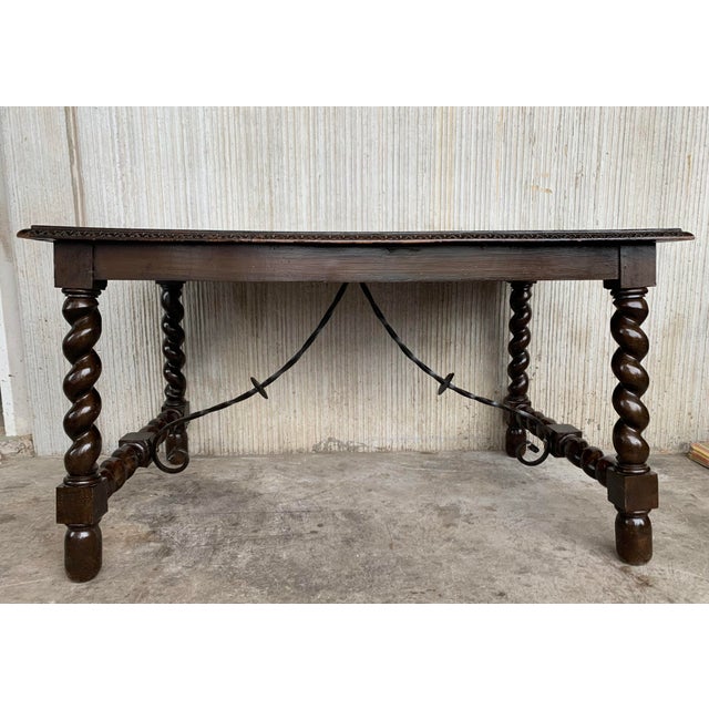 Brown 19th Spanish Baroque Walnut Solomonic Leg Fratino Dining Table With Iron Stretcher For Sale - Image 8 of 12