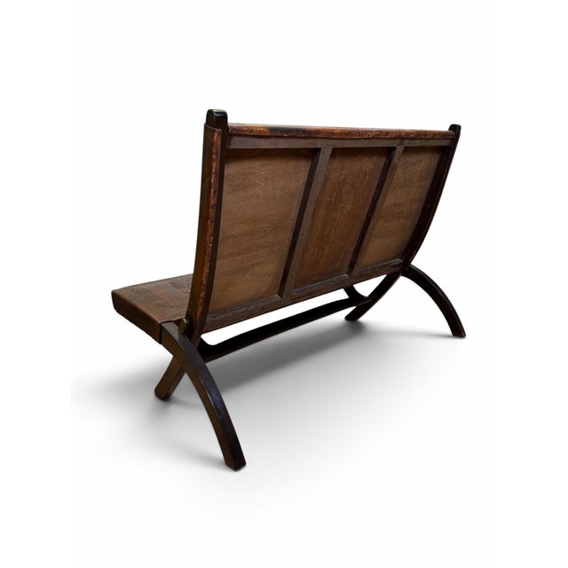Wood Mid-Century Attributed Angel Pazmiño Stamped Leather X-Frame Loveseat Settee For Sale - Image 7 of 8