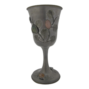 Antique Chinese Pewter Wine Cup Goblet With Raised Cabochon Flowers & Leaves