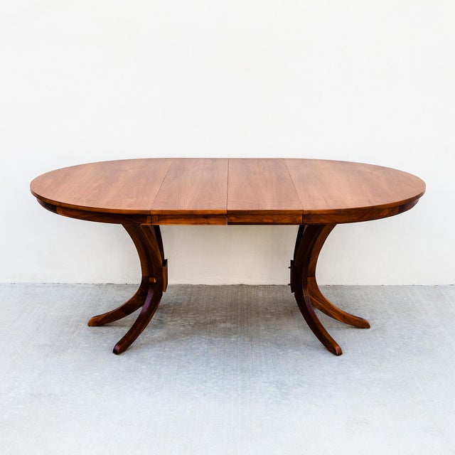 Restored Mid Century Modern Round Walnut Pedestal Base Dining Table For Sale - Image 9 of 14