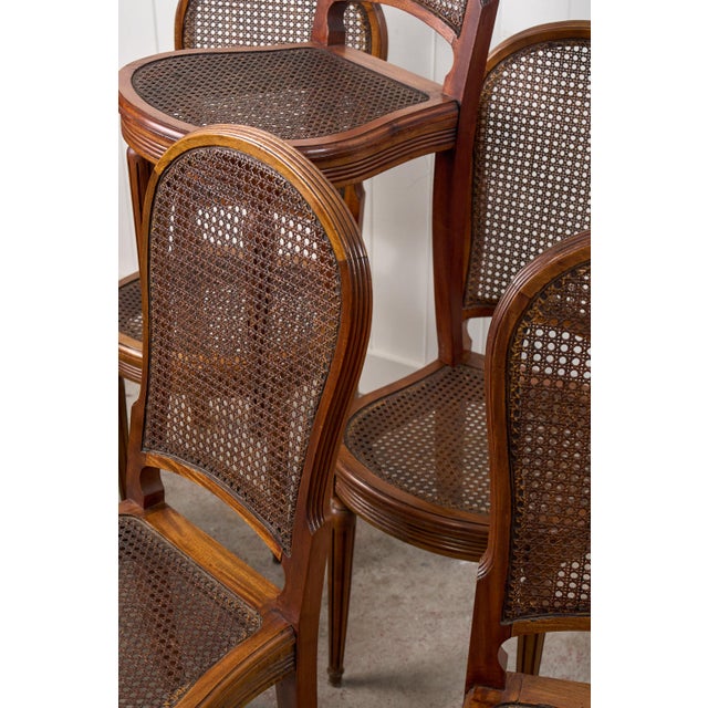 Set of 6 | French Louis XVI Style Dining Chairs With Hand Caned Seats + Backs With Fluted Legs (C. 1920) For Sale - Image 9 of 10