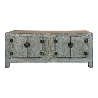 Distressed Light Teal Gray Low Doors Hardware Console Sideboard Cabinet For Sale