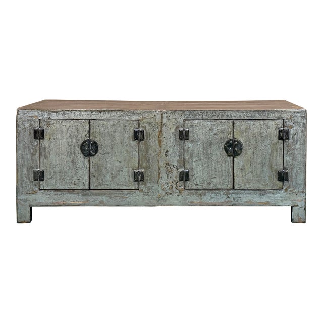 Distressed Light Teal Gray Low Doors Hardware Console Sideboard Cabinet For Sale