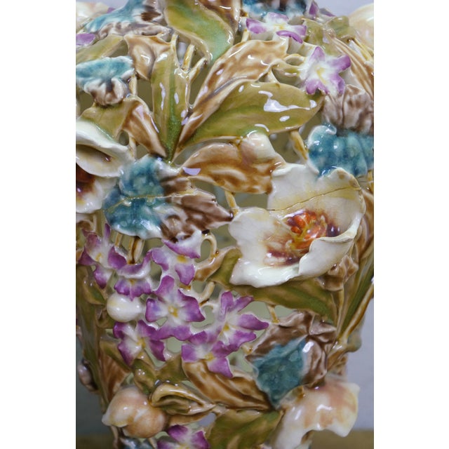 Zsolnay Antique Art Nouveau Hungarian Zsolnay Tádé Sikorski Openwork Floral Mallow Vases For Sale - Image 4 of 18