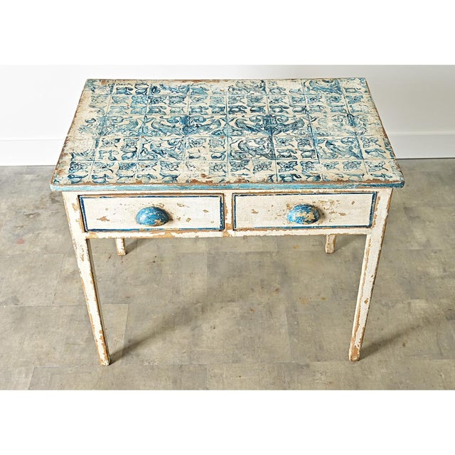 19th Century English Pine Table with Faux Delft Tile Painted Top For Sale - Image 5 of 12