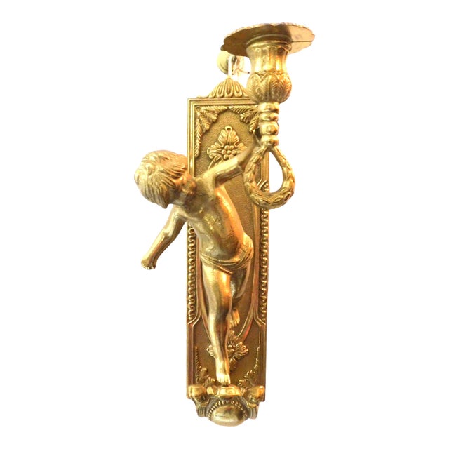 Vintage Brass Metal Cherub Wall Candle Holder For Sale