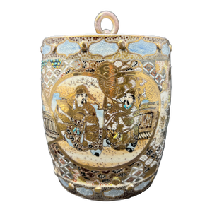 Antique Japanese Satsuma Lidded Biscuit Jar, Hand-Painted Gilt Moriage, Meiji c.1900