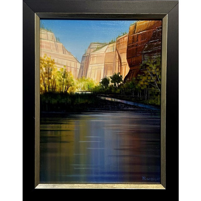 Reflections Through Zion Canyon by Michelle Condrat | Oil On Board Landscape of Zion Canyon with Water For Sale - Image 4 of 5