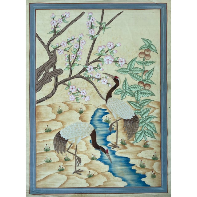 Textile 1990s Blossoms and Cranes in Harmony Gouache Painting on Old Silk"32x44 Inches " For Sale - Image 7 of 10