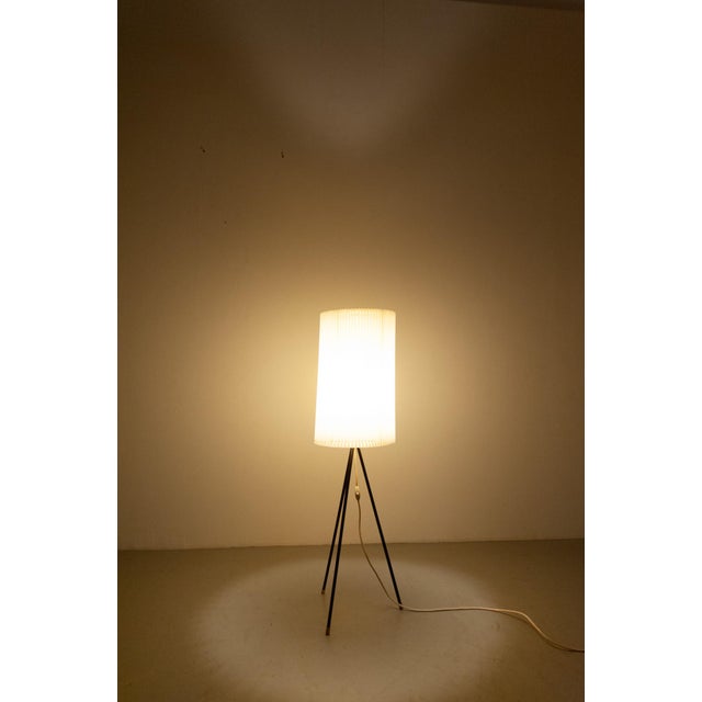 Tripod with Pleated Plastic Shade, 1950s, in Good conditions. Designed 1950 to 1959 European Plug (up to 250V).The wiring...
