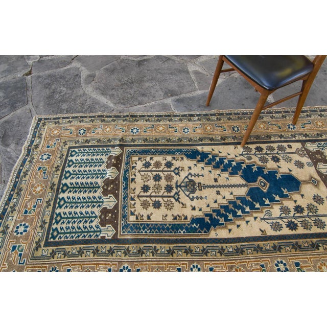 1940s 1940s Ink Blue Beige Geometric Hand-Knotted Rug - 4'1" X 7'11" For Sale - Image 5 of 11