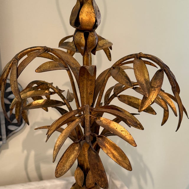 Metal 1930s Pair of 1930s Hollywood Regency Palm Tree & Marble Lamps For Sale - Image 7 of 10