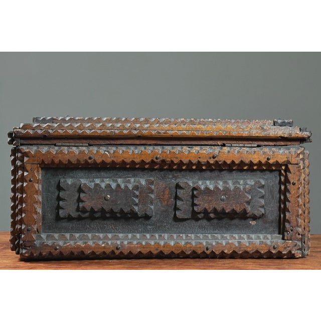 Monumental Antique Tramp Art Chip-Carved Chest With Medallion/Folk Art For Sale - Image 4 of 11