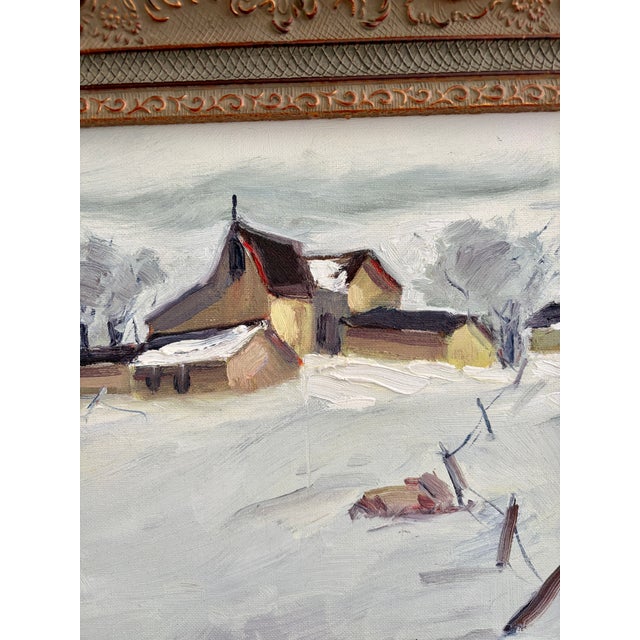 Vintage Original Oil Painting on Board – Snowy Farm and Barn Winter Landscape – Ornate Frame For Sale - Image 12 of 17