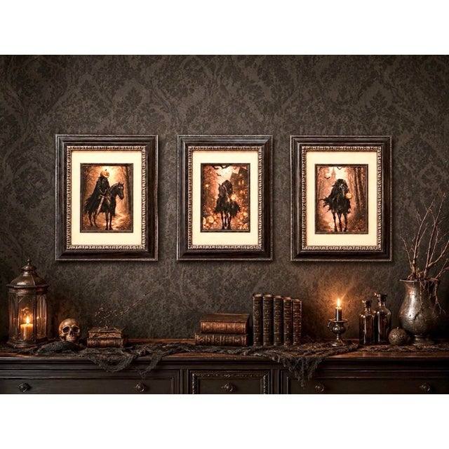 Wood Set of 3 Framed Headless Horseman Halloween Prints in Ornate Gothic Frames For Sale - Image 7 of 12