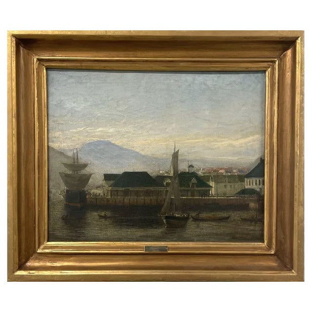 After Frederik Martin Sørvig, Maritime Scene in Bergen, 1878, Oil on Canvas For Sale