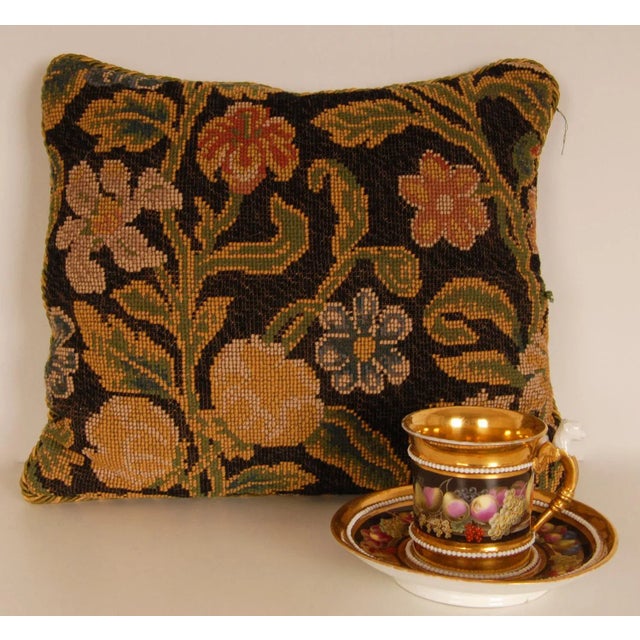 19th Century 19th Century French Needlepoint Pillow Throw Cushion Floral Dark Blue Hand Crafted For Sale - Image 5 of 9