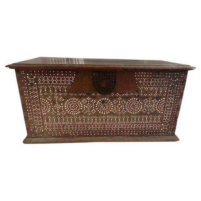 Beautiful antique shell inlaid chest originally used for storing blankets. Original hard ware and remnants of paint on...