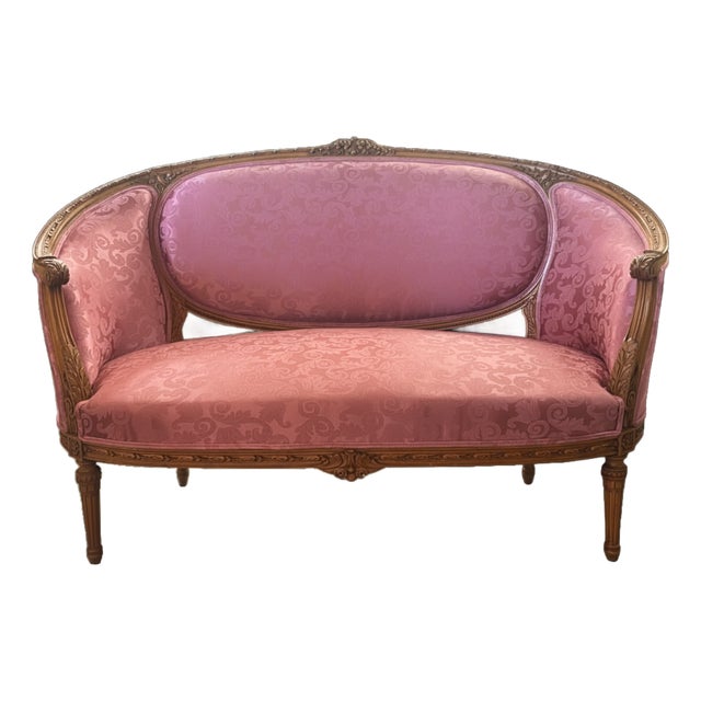 1900-1909 Turn of the Century French Walnut Settee Mauve Rose For Sale