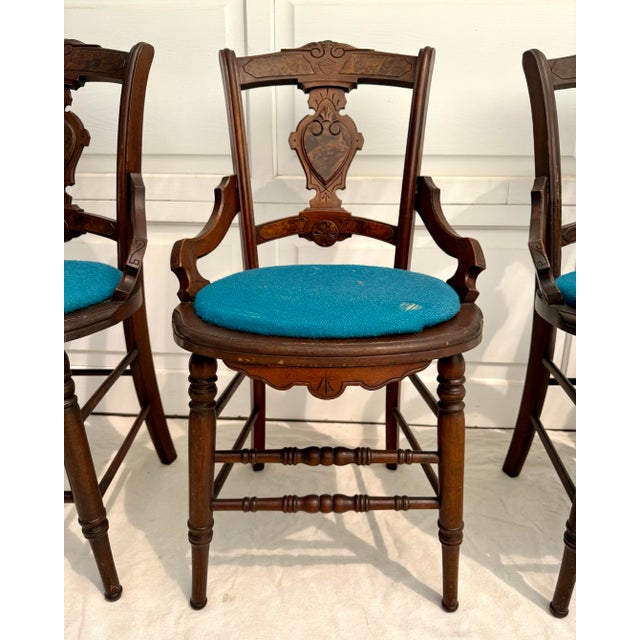 Set of 6 Antique Victorian Eastlake Walnut Dining Chairs With Burled Shield Backs For Sale - Image 4 of 15