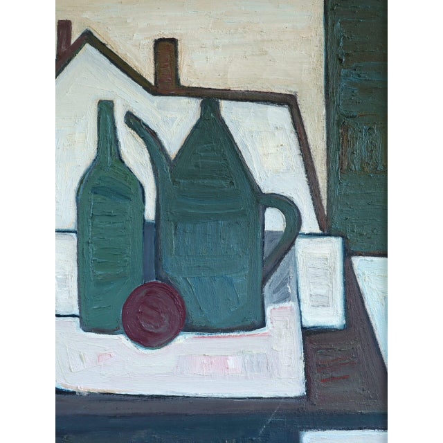 Mid-Century Modern 'Green Vessels & House Form' Abstract Still Life Oil Painting by Swedish Artist Max Gregor Carlsson (1914-1996), Framed For Sale - Image 10 of 14