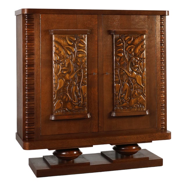Art Deco Oak Cabinet with Sculptural Carving from Jacques Klein, France, 1925 For Sale