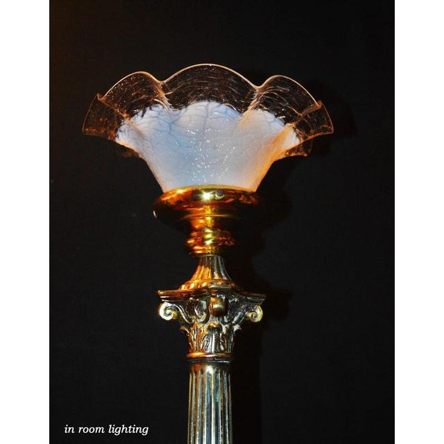 British Brass Corinthian Column Table Lamp with Vaseline Glass Shade, 1940s For Sale - Image 3 of 14