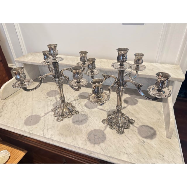 Vintage Ornate Silver Plated 5 Arm Candelabras For Sale - Image 10 of 10