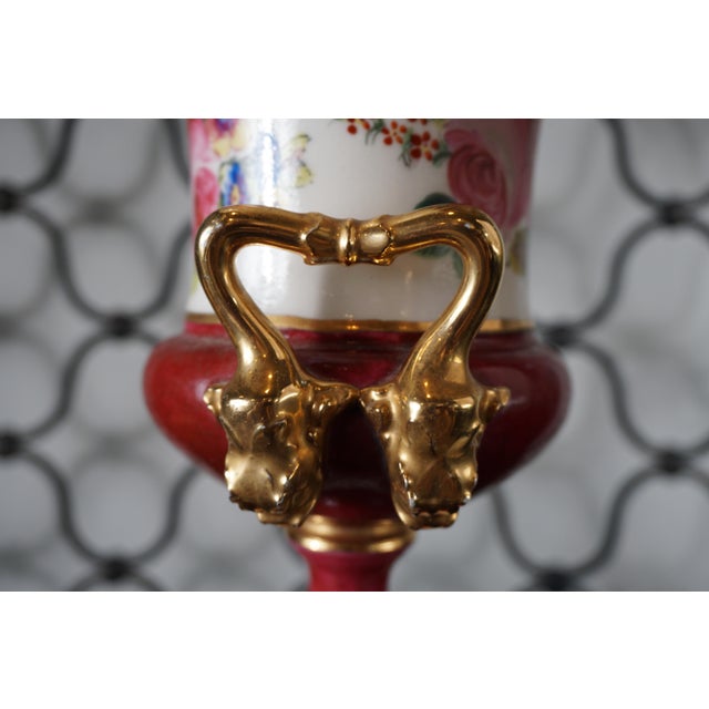 French Country Vintage Hand-Painted Porcelain Urn With Gilt Ram-Head Handles For Sale - Image 3 of 6