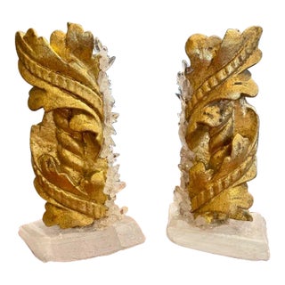 Pair of Antique Giltwood Fragments on Crystal Bases For Sale