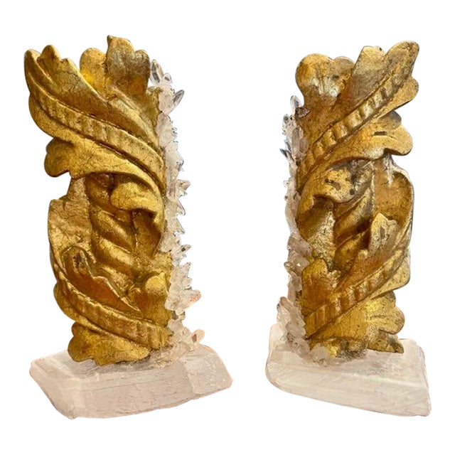 Pair of Antique Giltwood Fragments on Crystal Bases For Sale