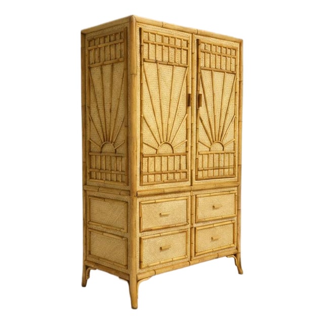 1970s Coastal Sunburst Cabinet or Tall Chest W/ Bamboo Chippendale Style Fretwork For Sale