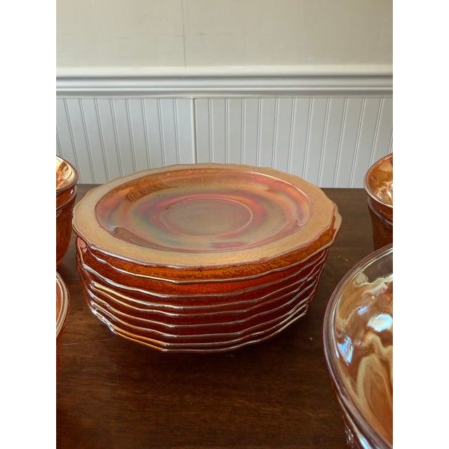 This collection of iridescent amber/marigold glassware from Federal Glass Company, featuring the Normandie Bouquet Lattice...