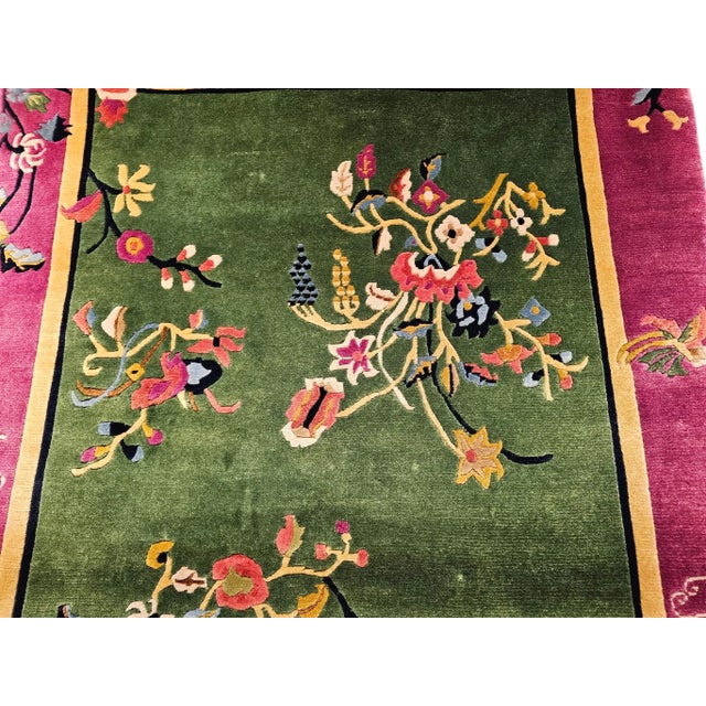 Vintage Chinese Art Deco Area Rug, Floral Design, Sage Green & Purple For Sale In Chicago - Image 6 of 12