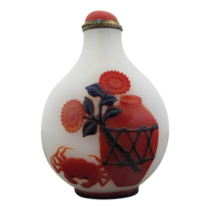 Chinese Ruyi Crab Lotus Carved Overlay Red & Blue Peking Glass Snuff Bottle