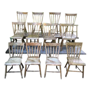 Late 1890's New England/Pennsylvania Handmade Sunday School Chapel Pine Plank Fiddleback Chairs, Set of 12