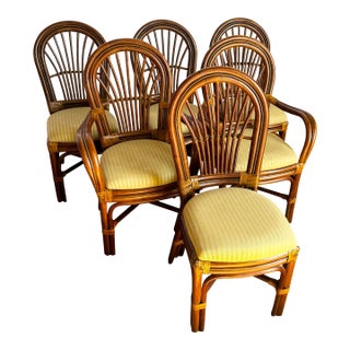 Boho Chic Rattan Dining Chairs With Tan Cushions - Set of 6 For Sale