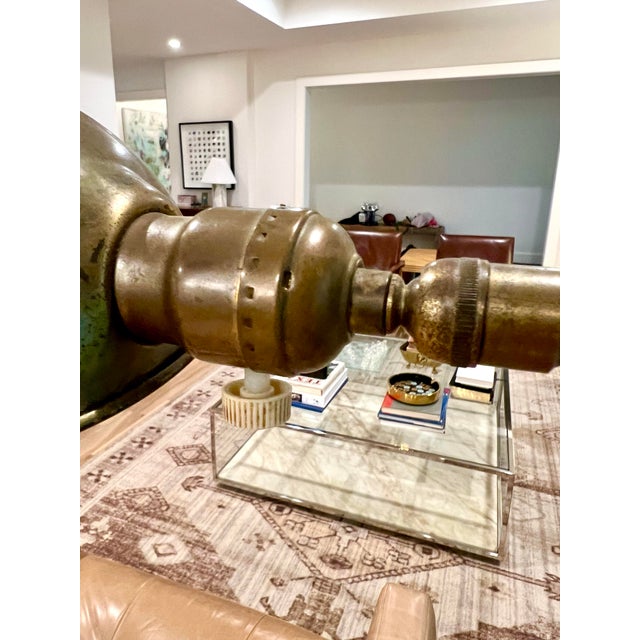 Vintage Patinated Brass Adjustable Dome Floor Pharmacy Lamp With White Enamel Interior Shade For Sale - Image 4 of 7