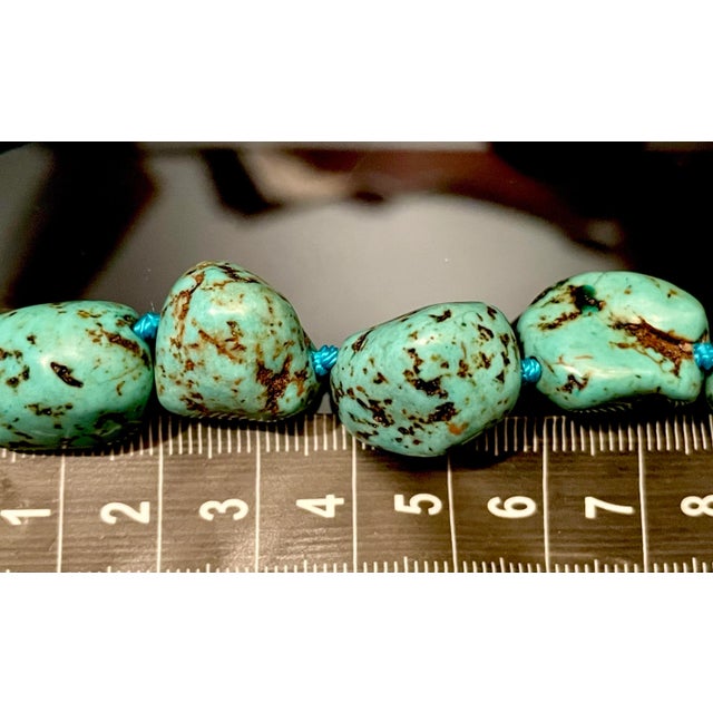 Mid 20th Century Gemstone Necklace Natural Turquoise, Double Knotted on Green Silk, Leather Extension Clasp. For Sale - Image 5 of 6