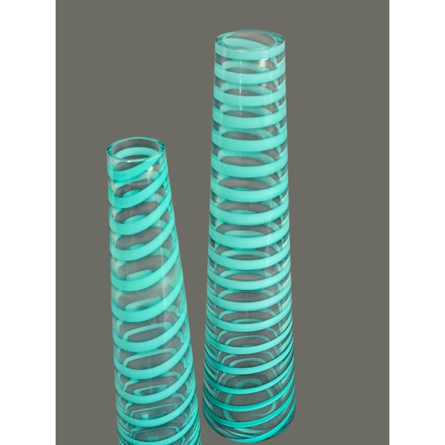 Mid 20th Century Modern Retro Pair Bud Vases Art Glass Turquoise Blue Spiral 12'' & 10'' High For Sale - Image 4 of 7