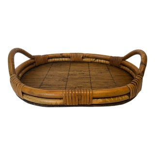 Vintage Coastal Bamboo & Pencil Reed Rattan Double Handle Serving Tray in the Style of Gabriella Crespi For Sale