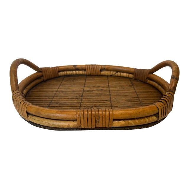 Vintage Coastal Bamboo & Pencil Reed Rattan Double Handle Serving Tray in the Style of Gabriella Crespi For Sale