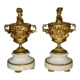 Antique French Cassolette Urns 1880s Gilt Bronze Cherub Marble Vases Lids Pair For Sale