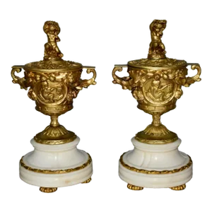 Antique Pair of French Unique Cassolette Urns W/Lids & Cherub Details